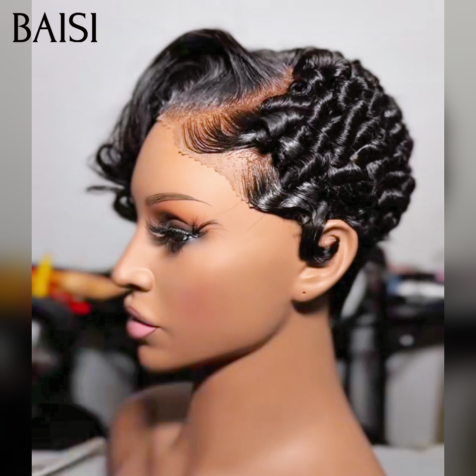 BAISI Promo 75€ Perruque Pixie Chioma Odulation Demi Frange 13x4 lace frontal raie de coté en 100% Cheveux Humains
