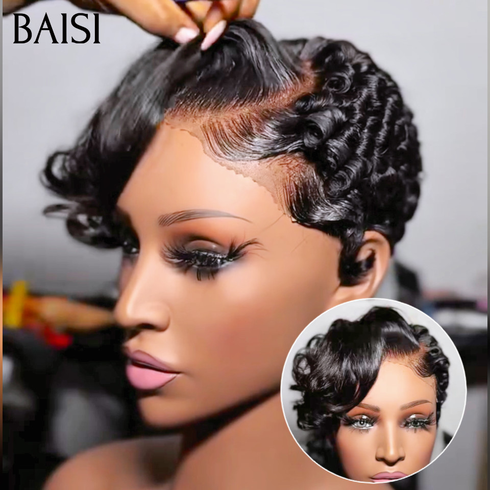 BAISI Promo 75€ Perruque Pixie Chioma Odulation Demi Frange 13x4 lace frontal raie de coté en 100% Cheveux Humains