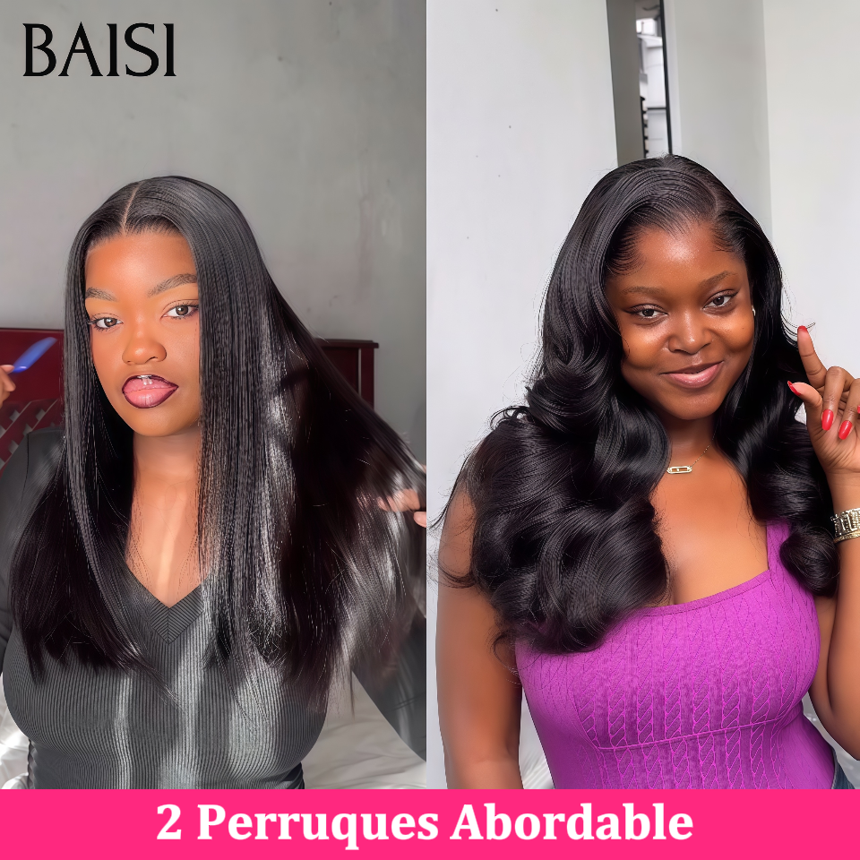 BAISI Lot de 2 Perruques 18 pouce 179€ 4x4 lace closure Body wave et Lisse en 100% Raw Hair