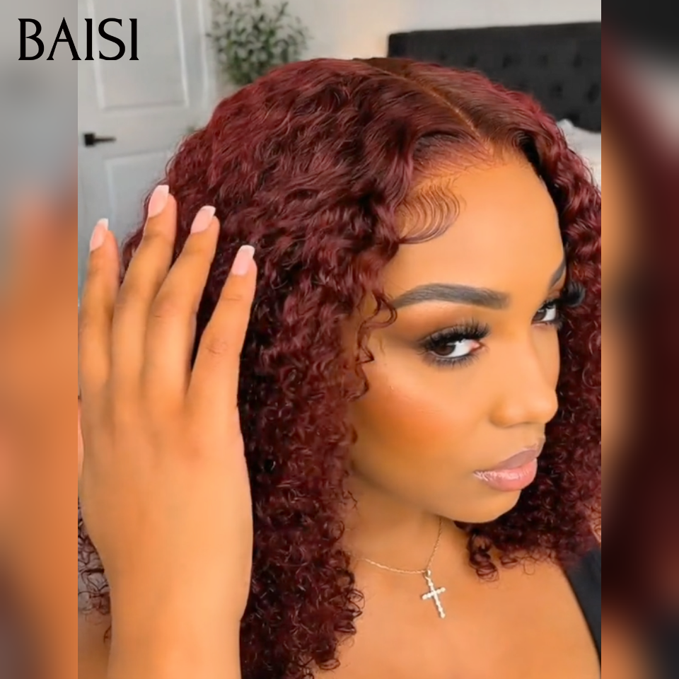 BAISI Perruque Bob 4x4 Lace Closure Bouclée en Rouge Bordeaux 99J# ou en Noir 1B# Sans Colle Lace déjà couper Facile à Porter en 100% Cheveux Humains
