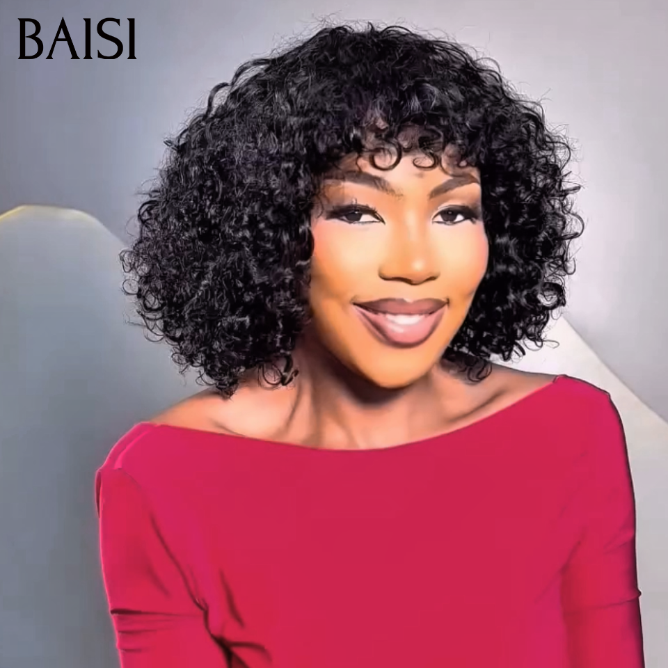 BAISI Perruque BOB Curly Wave Avec Frange Noir 6pouces 45€ et 12 pouce 88€ Perruque Sans Colle Facile à Porter en 100% vrais cheveux humains