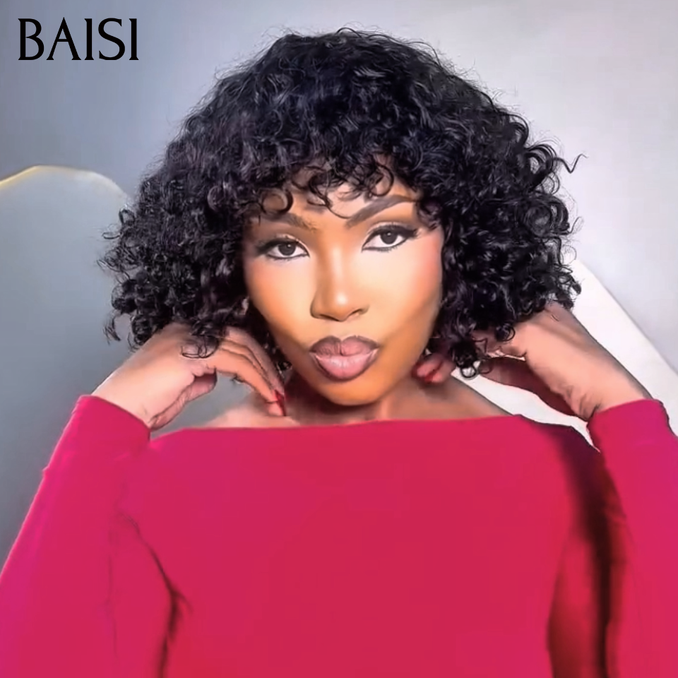 BAISI Perruque BOB Curly Wave Avec Frange Noir 6pouces 45€ et 12 pouce 88€ Perruque Sans Colle Facile à Porter en 100% vrais cheveux humains