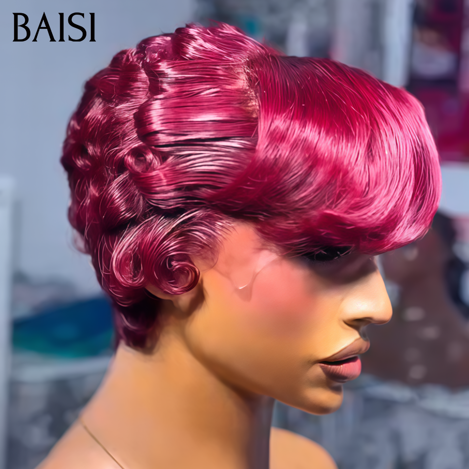 BAISI 13X4 peruca lace Pixie ondulada 6 Pouces Cor 99J# 78€ em 100% Cabelo Humano BS65