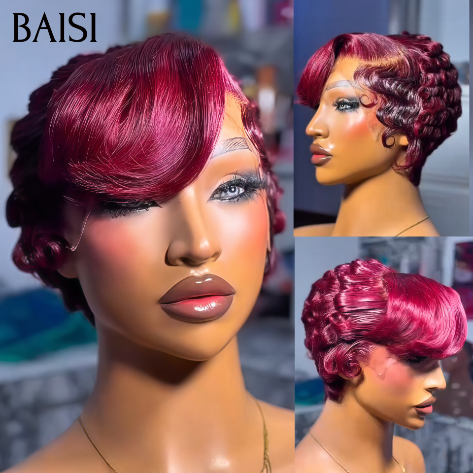 BAISI 13X4 peruca lace Pixie ondulada 6 Pouces Cor 99J# 78€ em 100% Cabelo Humano BS65