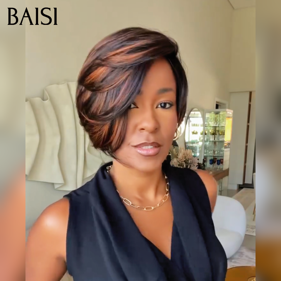 BAISI Perruque Pixie Lisse Sans Colle Sans Lace 69€ En Couleur Marron Mixte Noir 1BT4# Coupe Stylée Très Charmante En 100% Cheveux Humains