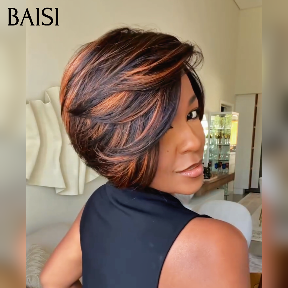 BAISI Perruque Pixie Lisse Sans Colle Sans Lace 69€ En Couleur Marron Mixte Noir 1BT4# Coupe Stylée Très Charmante En 100% Cheveux Humains