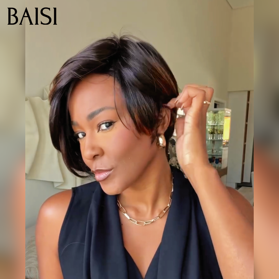 BAISI Perruque Pixie Lisse Sans Colle Sans Lace 69€ En Couleur Marron Mixte Noir 1BT4# Coupe Stylée Très Charmante En 100% Cheveux Humains