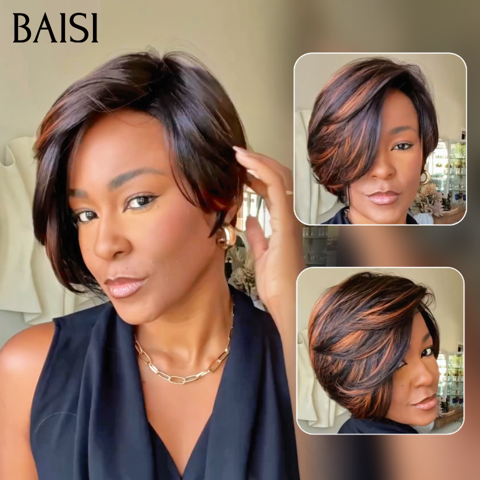 BAISI Perruque Pixie Lisse Sans Colle Sans Lace 69€ En Couleur Marron Mixte Noir 1BT4# Coupe Stylée Très Charmante En 100% Cheveux Humains