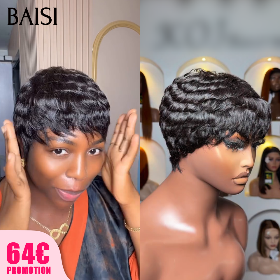 BAISI Perruque Courte Curly ou Demi-perruque bouclés Curly wave Topper cheveux partiel personnalisé en Couleur 1B( c'est pas une perruque entière ) 100% Cheveux Humains