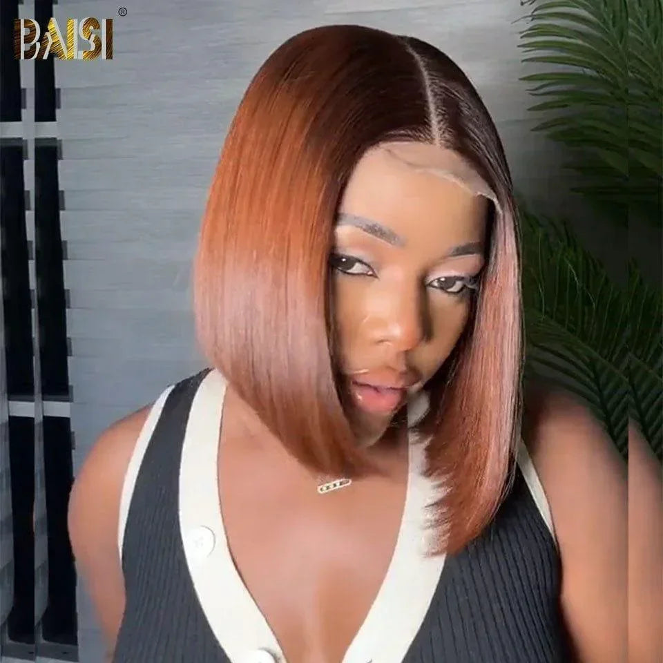 BAISI 2X6 Perruques Lisse BOB 10 Pouces de Luxe Haute Qualité Viêtnam Hair en Couleur Marron avec racine noir 4T#33 en 100% Cheveux Humains