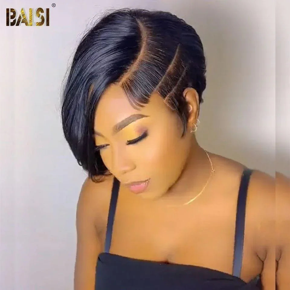 BAISI Perruque Full Lace 100% Cheveux Naturels Frontal Ondulée Coupe Pixie Perruque personnalisée Lisse noir en 100% cheveux humains