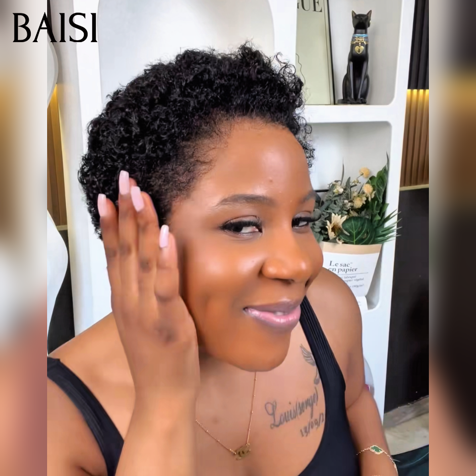 BAISI Perruque Pixie 13x4 lace frontal curly wave 52€ en couleur noir 100% Cheveux Humains