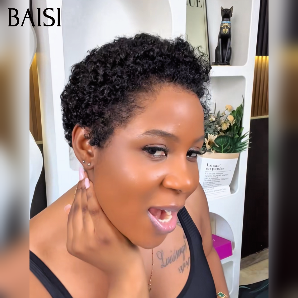 BAISI Perruque Pixie 13x4 lace frontal curly wave 52€ en couleur noir 100% Cheveux Humains