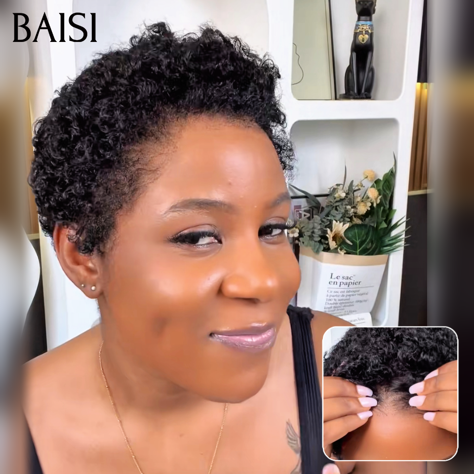 BAISI Perruque Pixie 13x4 lace frontal curly wave 52€ en couleur noir 100% Cheveux Humains