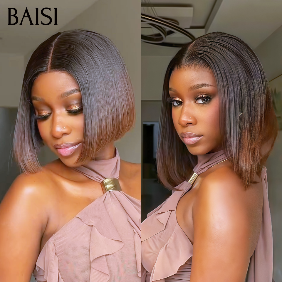 BAISI Confezione all'ingrosso 2 parrucche bob 120 euro 2x4 lace lisce con frangia 8Pollici colore Marrone e NERO 100% Capelli Umani