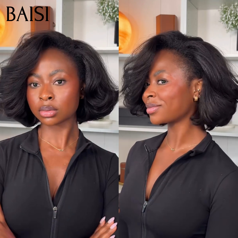 BAISI 13x4 Lace Frontal Perruque Bob Kinky Straight Pré-plucked Pas Besoin de Colle en 100% Raw Hair Lace déjà couper