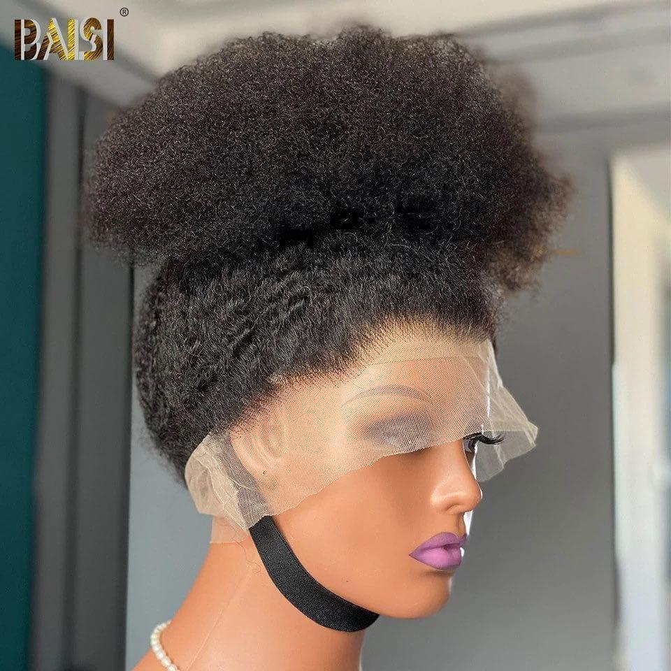 BAISI 360 Lace Peruca 18 Polegadas PRETO Kinky Straight em Cabelo Humano Verdadeiro Penteado Coque
