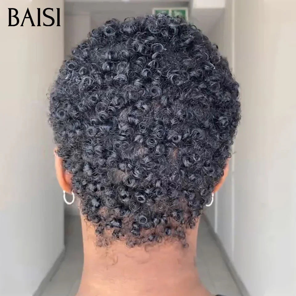BAISI Full lace Perruques 149€ pixie afro NOIR identique à la photo Facile à Porter en 100% vrais cheveux humains Lace déjà couper