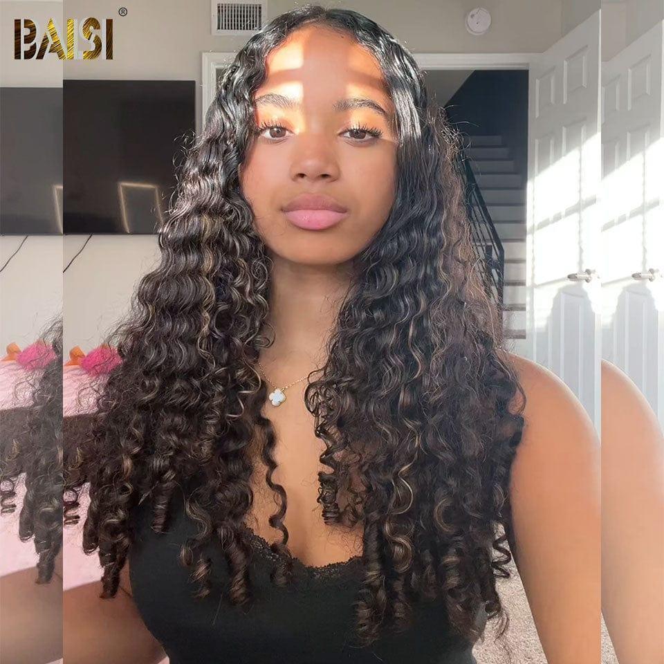 BAISI 13X4 Perruques de Luxe Spring Curly Wave en Couleur NOIR Mix Miel 1B#27# A1 Fabriquées par les cheveux double drawn mèches vièges volume 300% densité plus de 20 ans d' utilisations