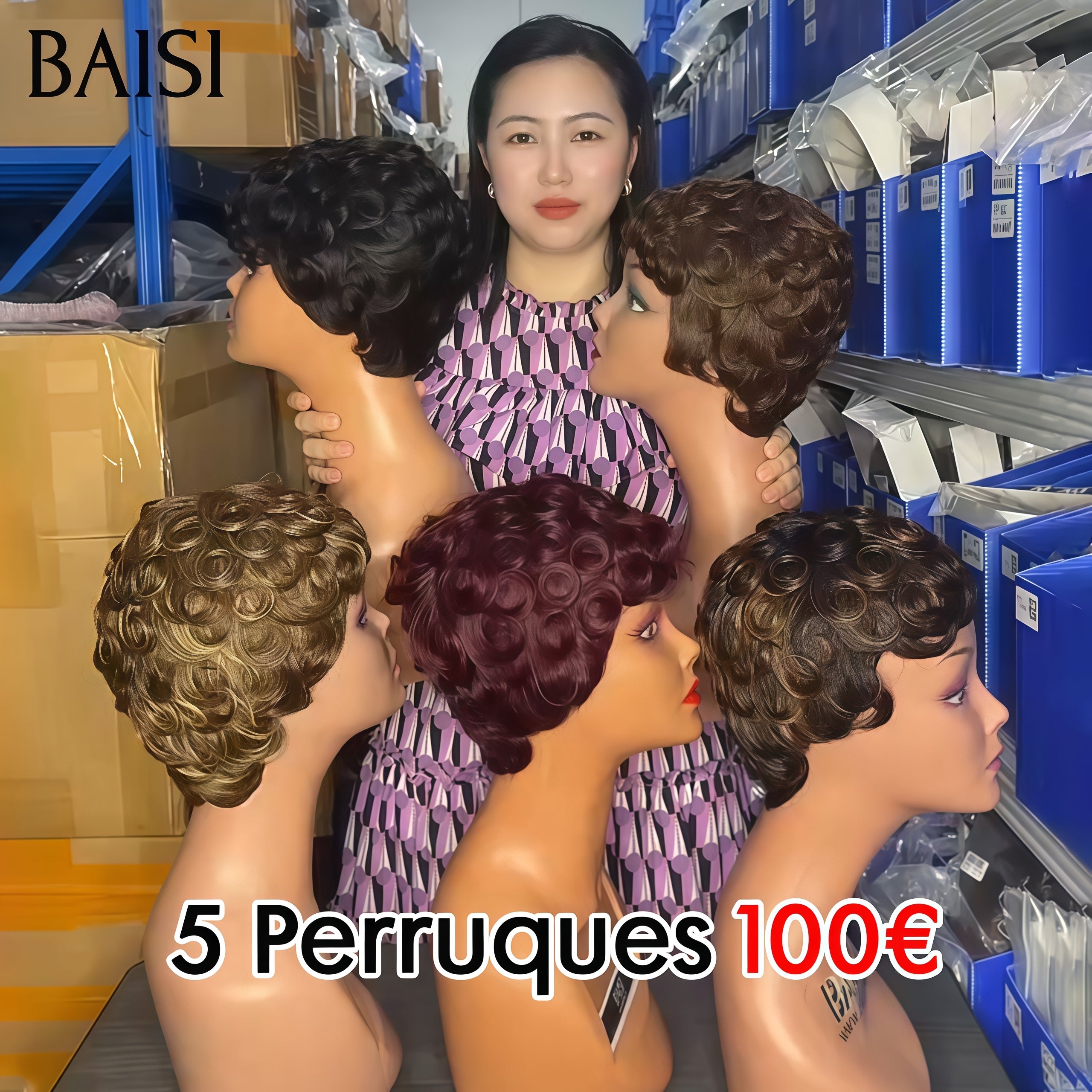 BAISI 5 Perruques Chioma pour revendre 100€ pixie finger wave Fabriqué à la Machine 5 couleurs en 100% vrais cheveux humains