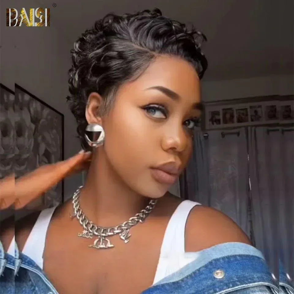 BAISI 13X4 Frontale Perruque Pixie petite coupe NOIR 6 pouces 79€ ou 1 pixie Blonde Curly 108€ En 100% Cheveux Humains