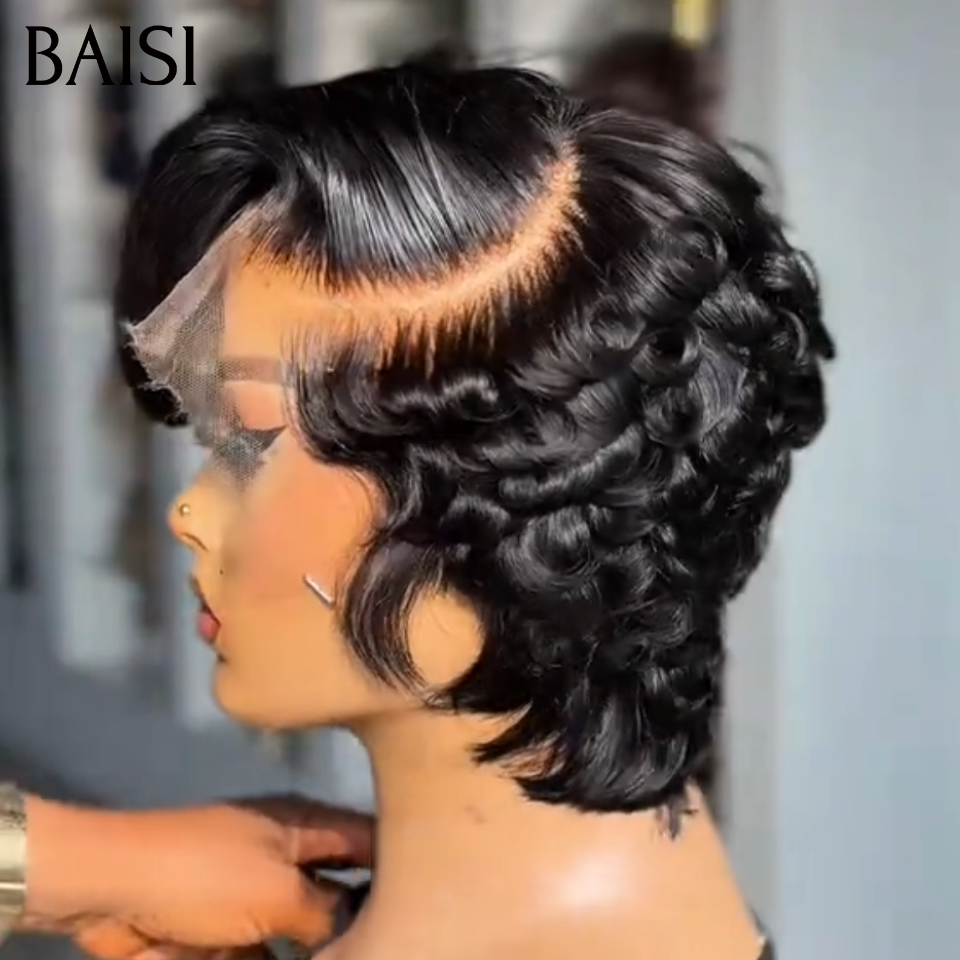 BAISI Promotion pixie wave frange frontale 60€ ou 22 pouces 160€ Perruque Moitié Prix body wave human hair en couleur Bordeaux 99J#