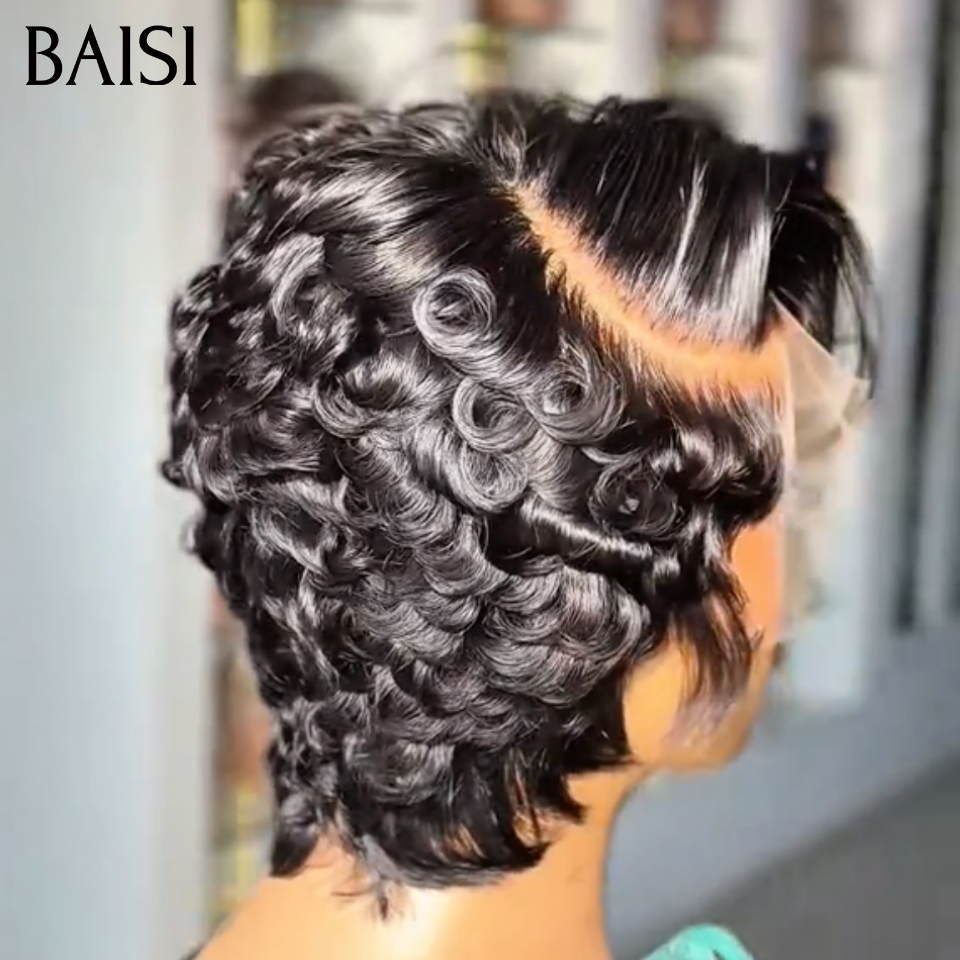 BAISI Promotion pixie wave frange frontale 60€ ou 22 pouces 160€ Perruque Moitié Prix body wave human hair en couleur Bordeaux 99J#