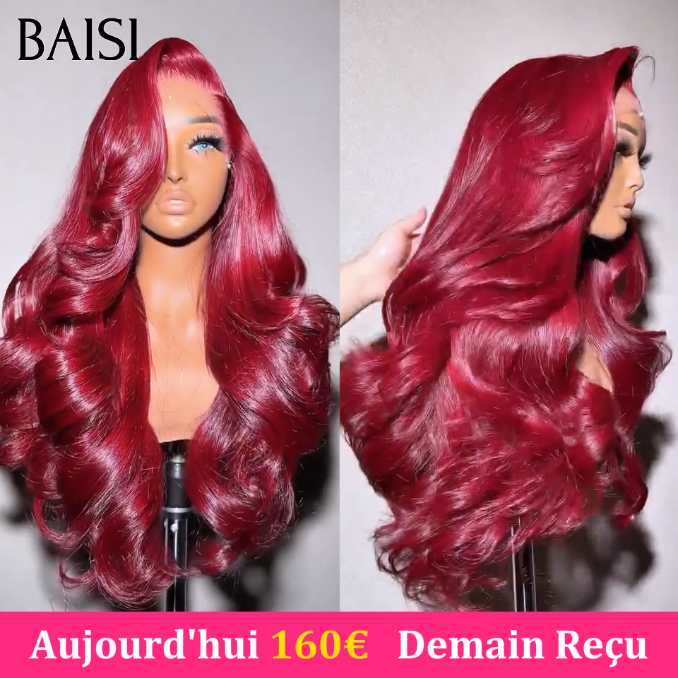 BAISI Promotion pixie wave frange frontale 60€ ou 22 pouces 160€ Perruque Moitié Prix body wave human hair en couleur Bordeaux 99J#