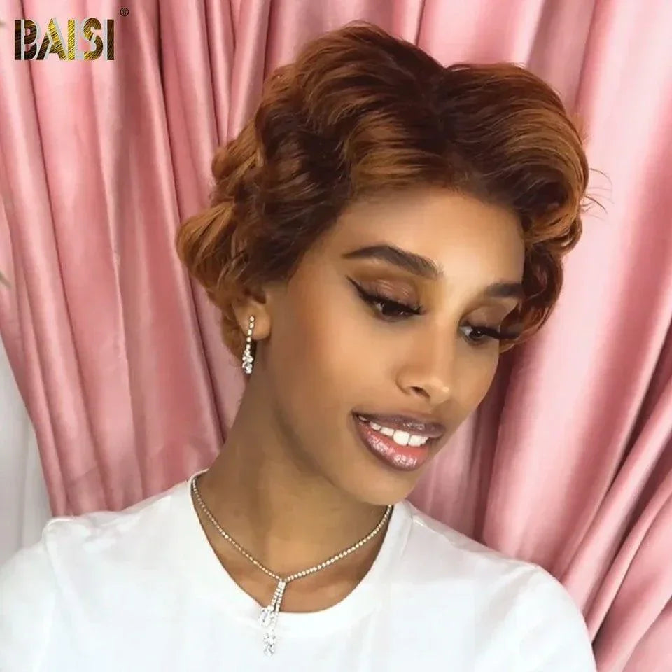 BAISI 13X4 Lace Frontale Perruque Pixie Finger Wave petite coupe en Couleur 30# 77€ ou NOIR 56€ En 100% Cheveux Humains