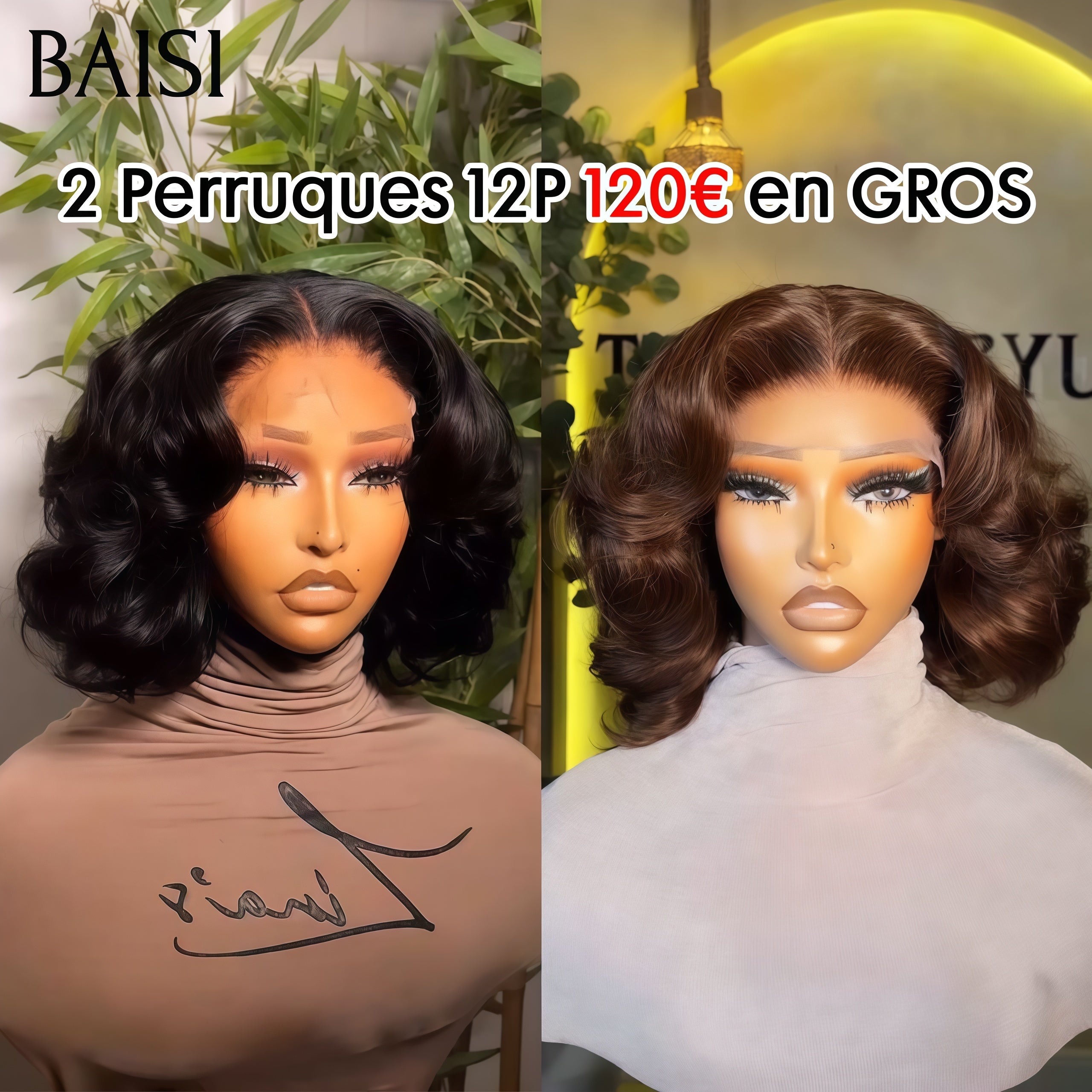 BAISI 2 Perruques 120€ Bob egg wave en couleur marron et NOIR 12 Pouces 100% vrais cheveux humains