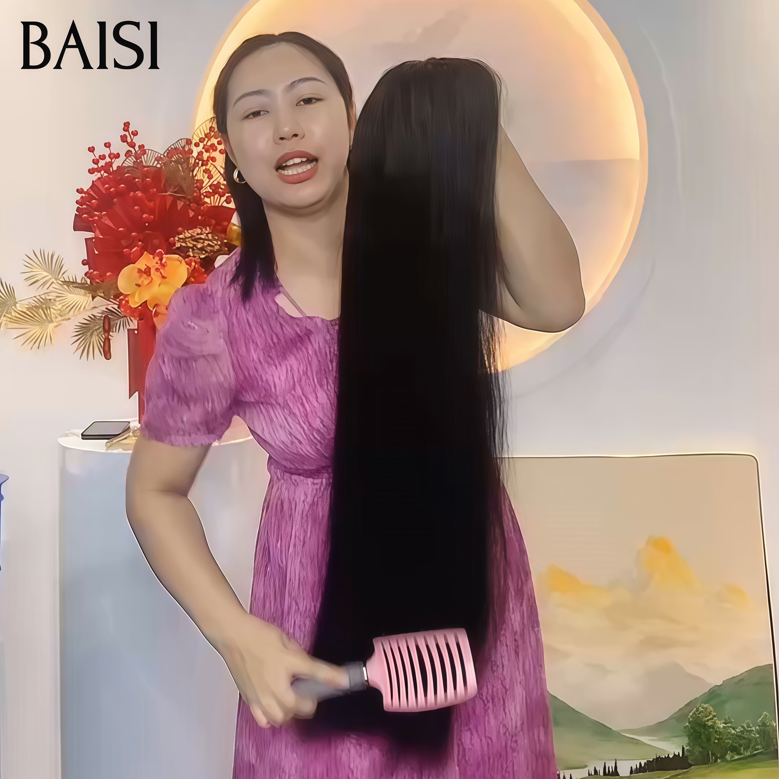 BAISI 13x4 Lace Frontale Lace Perruque noir long Lisse 30 Pouces 100% Cheveux Humains BS65
