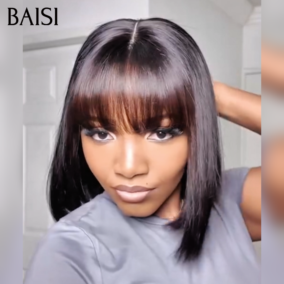 BAISI 2X6 Lace Perruque BOB Lisse 10 Pouces Noir avec Frange 119€ ou sans Frange 114€ Deja en France En 100% Cheveux Humains Reçu 48H TVA 0€