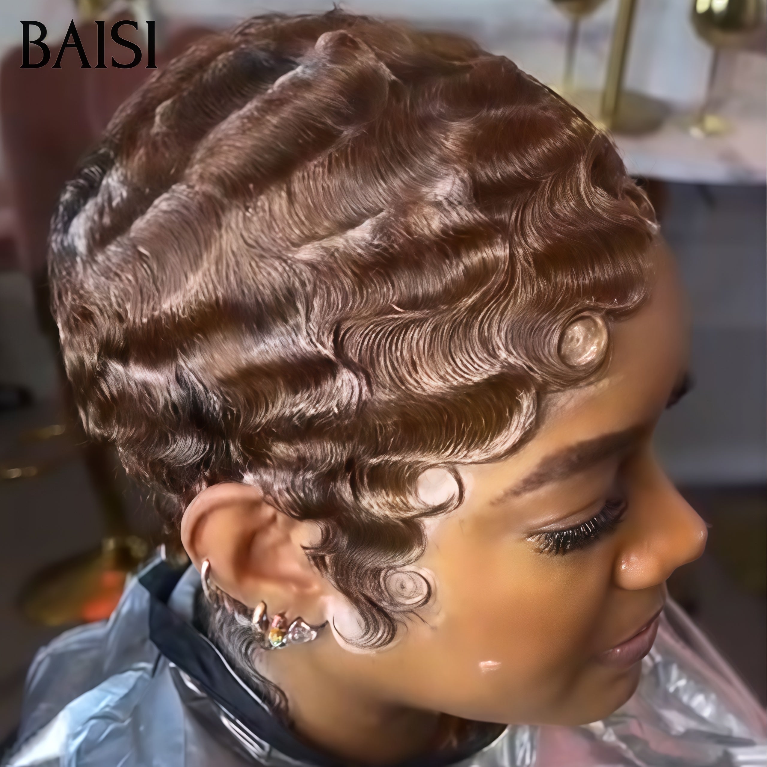 BAISI Perruque Pixie water wave en Couleur marron 55€ Fabriqué à la Machine En 100% Cheveux Humains BS60