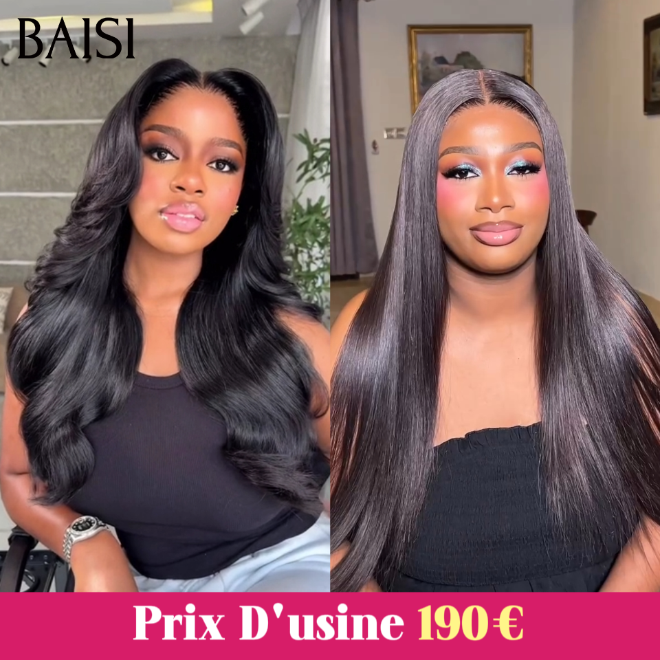 BAISI 13x4 Lace Frontalle 2 Perruques Prix D'Usine 190€ Longue 20 Pouces Lisse + Ondulée Sans Colle Facile à Porter en 100% vrais cheveux humains Lace déjà couper