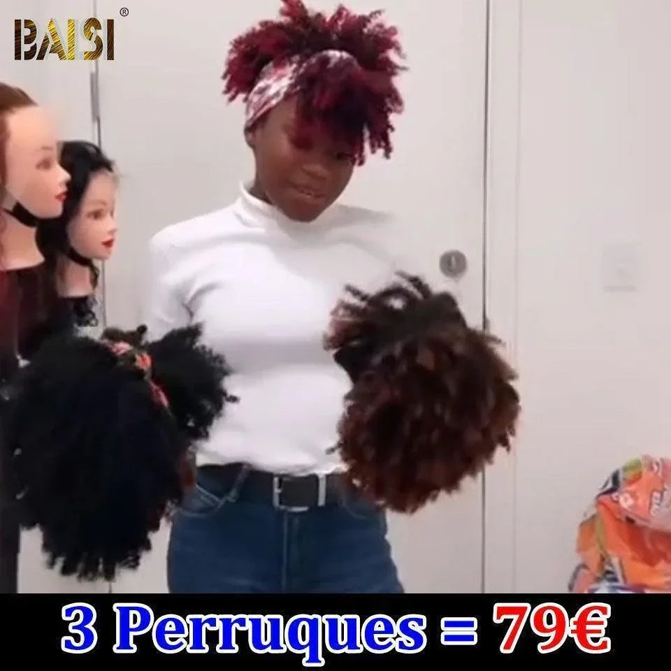 BAISI Lote de 3 Perucas 79€ preço acessível Kinky Curly 3 Cores Faixa Sintética fácil de usar cabelo sintético