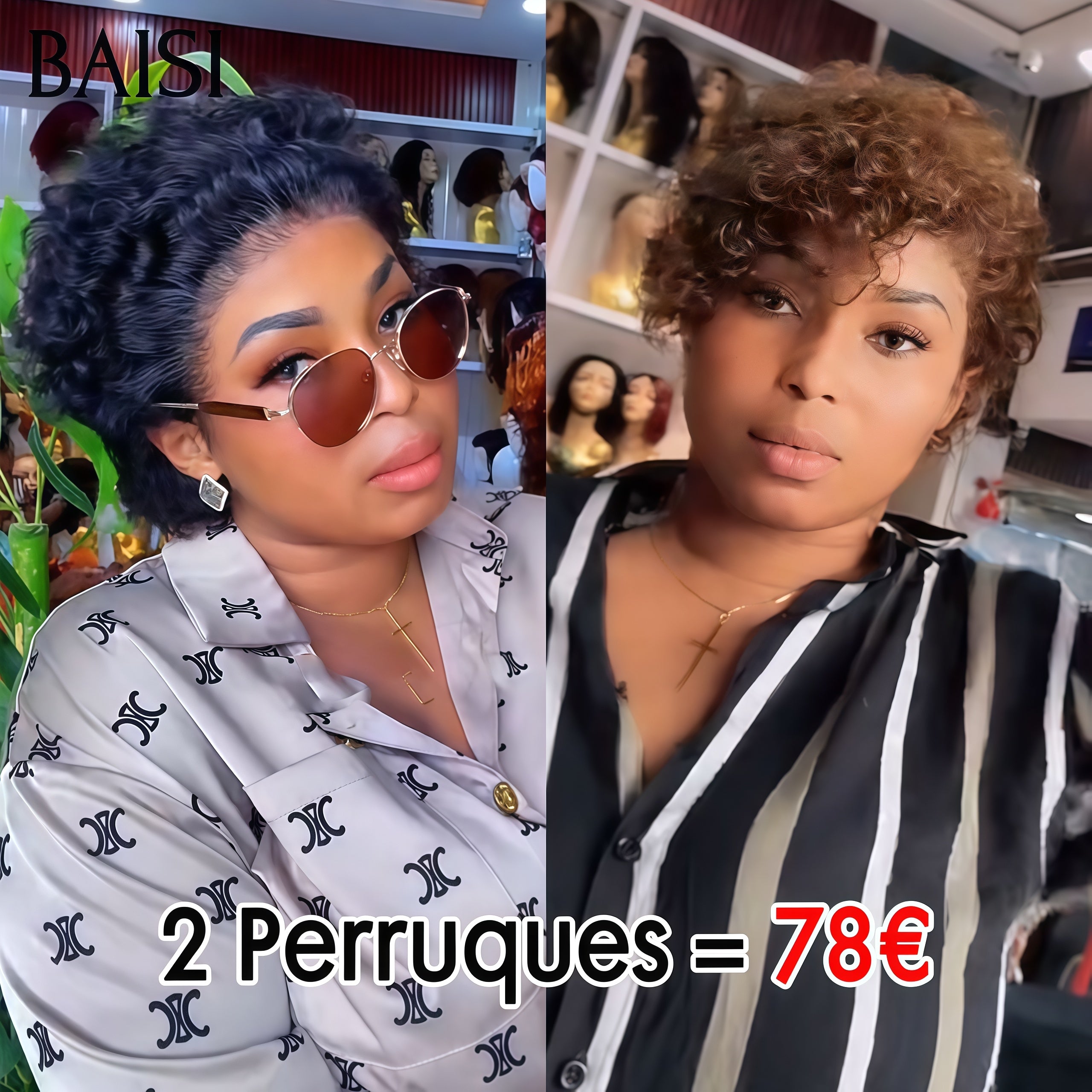 BAISI 2 perruques 78€ PROMO lace frontal pixie curl wave en couleur NOIR et Marron en 100% vrais cheveux humains