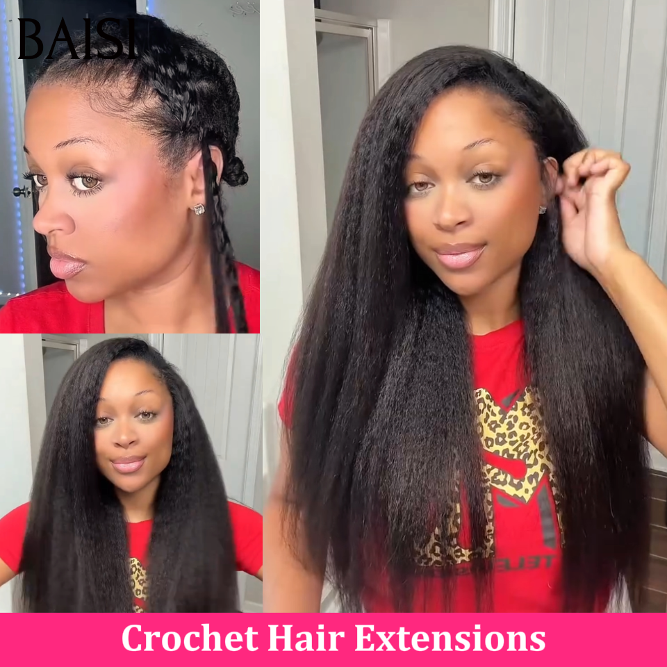 BAISI Extensions Plumes Cheveux Humains Noir en Crochet Texture Kinky Straight Installation Etape par Etape Facile et Simple Rendu et naturel en 100% Cheveux Humains