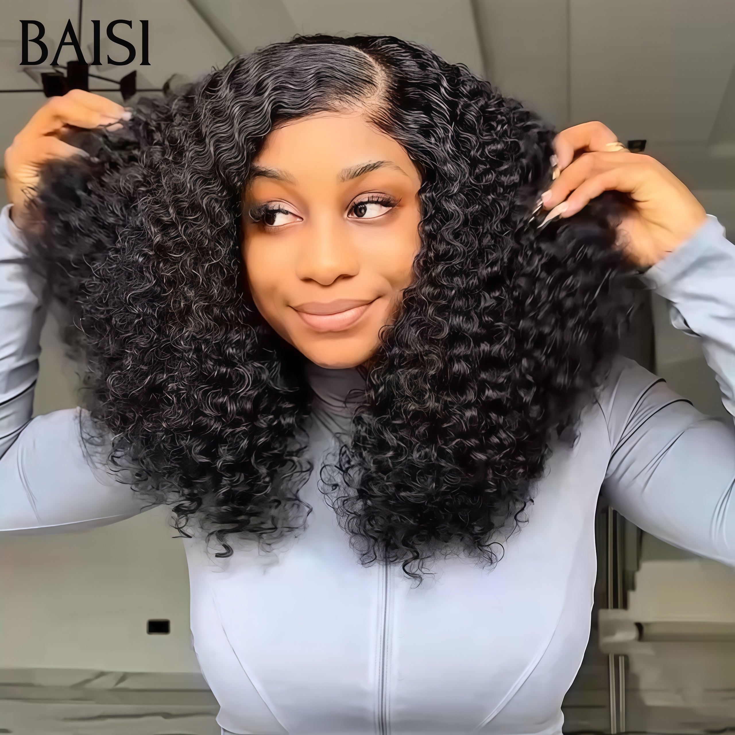 BAISI Promotion 100€ 13x4 Lace frontal Perruque 1B# curly wave 100% Cheveux Humains
