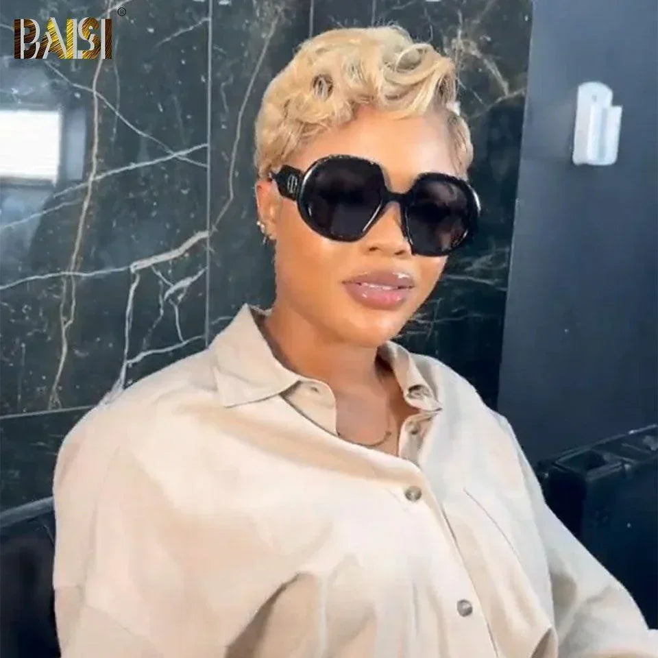 BAISI Pixie Cut Lace Frontal 13x4 lisse noir 67€ ou Curly en couleur noir et miel 1BT27# 98€ en 100% Vrais Cheveux Humains
