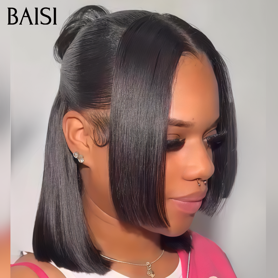 BAISI 13x4 lace Perruque Coiffée Bob Lisse Noir 1B# 10Pouces 85€ Coiffure Tendance en 100% Cheveux Humains