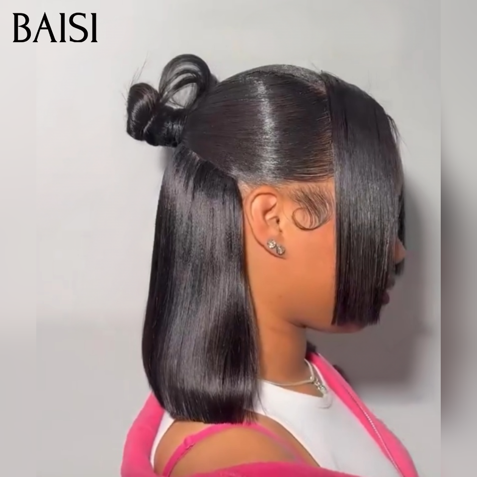 BAISI 13x4 lace Perruque Coiffée Bob Lisse Noir 1B# 10Pouces 85€ Coiffure Tendance en 100% Cheveux Humains