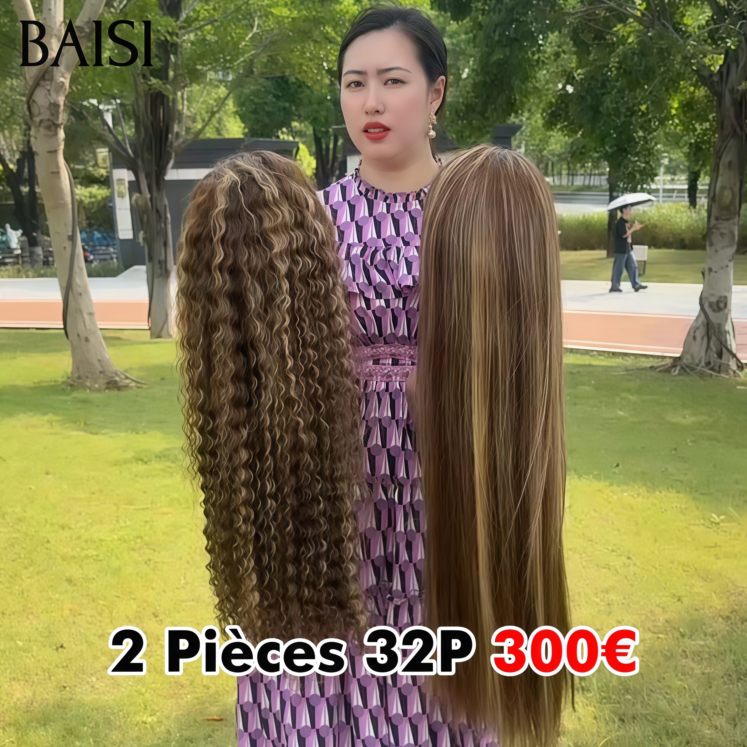 BAISI Lot de 2 perruques 300€ 13X4 lace frontal Lisse et curly wave Marron Mixte Miel 32 Pouces 100% vrais cheveux humains