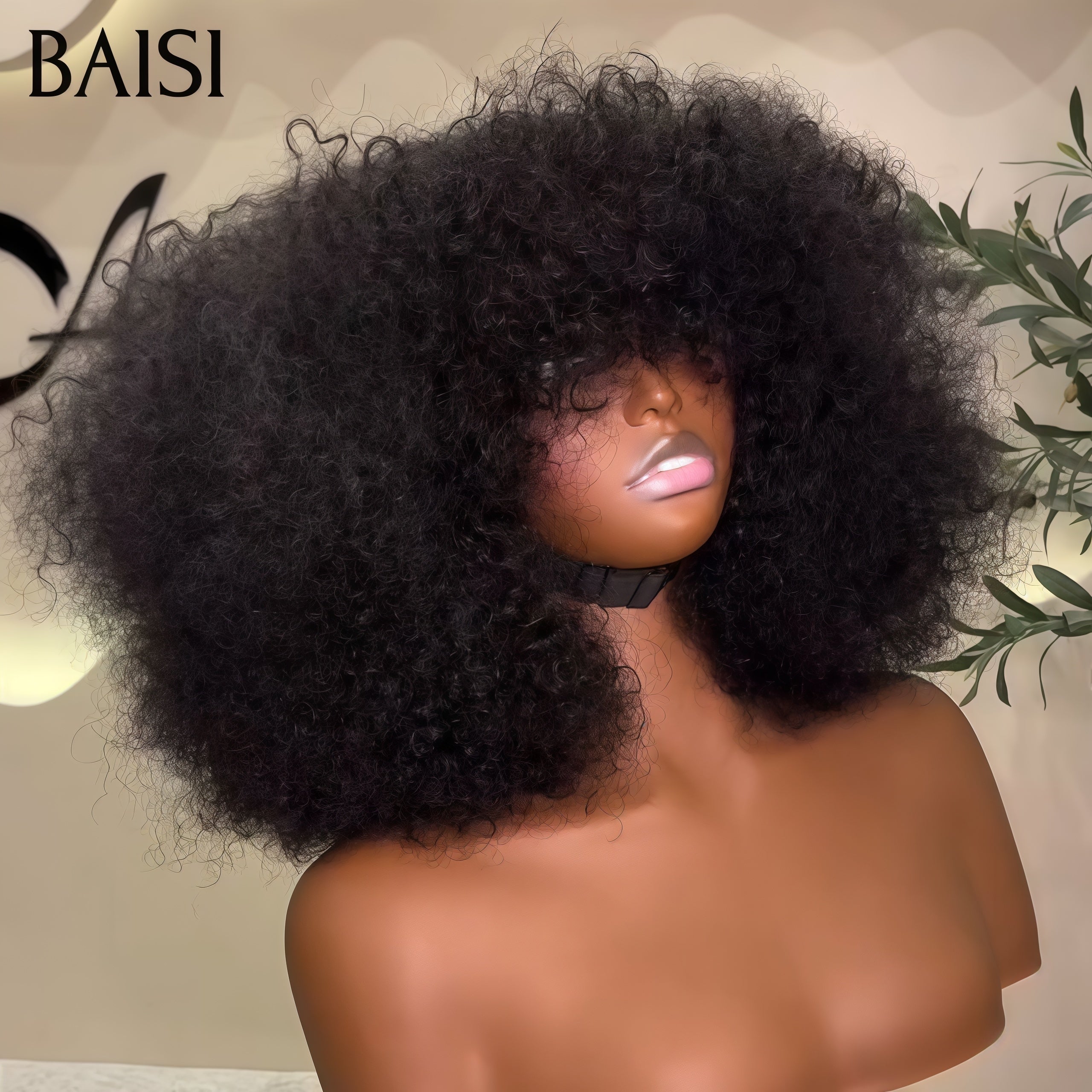 BAISI Perruques 300 grams 14 pouce bouclé curly Wave avec Frange sans Colle Fabriqué à la Machine en 100% Cheveux Humains
