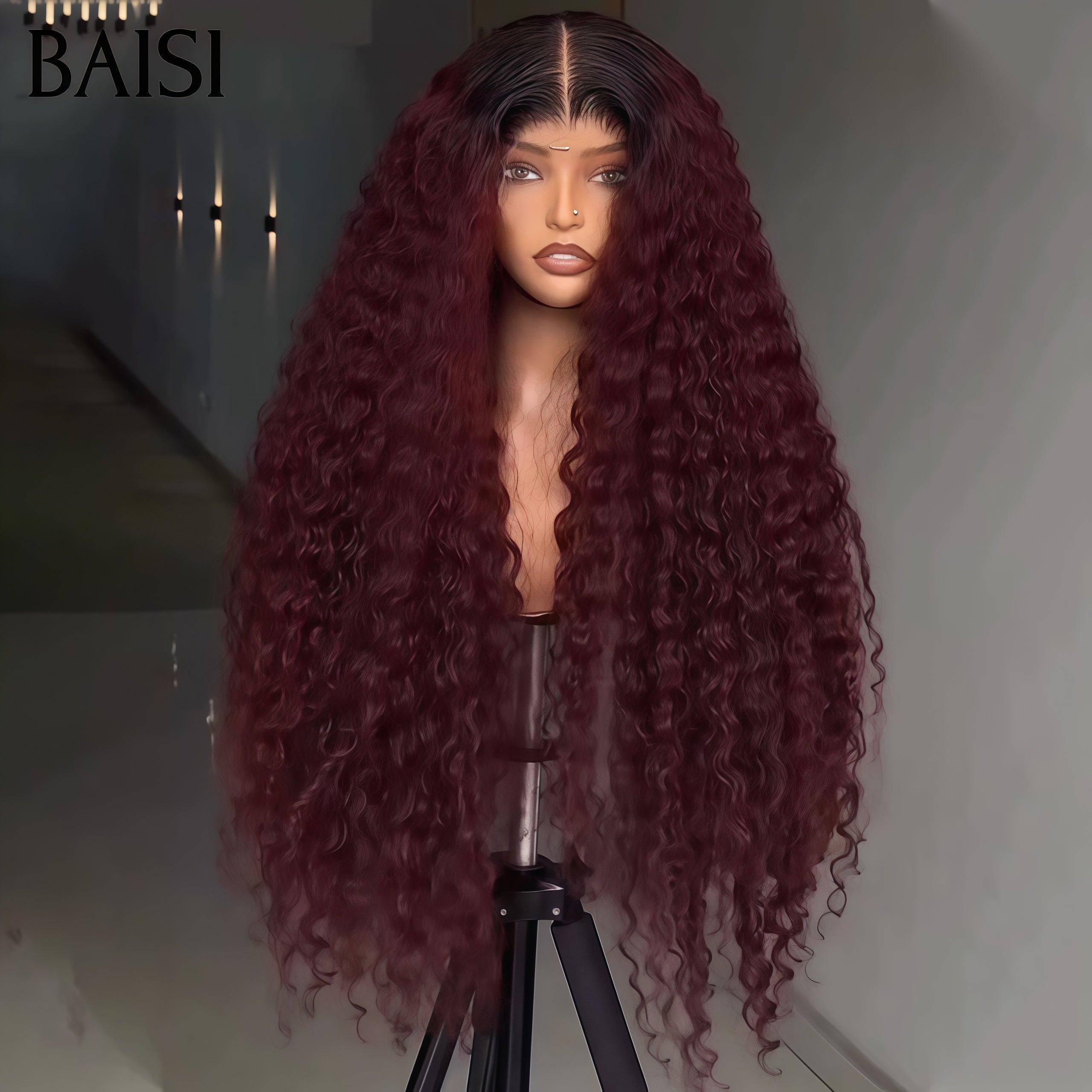 BAISI 4X4 lace closure perruque 250% Volume grande Curly wave 169€ en couleur Bordeaux 1BT99J# en 100% Cheveux Humains