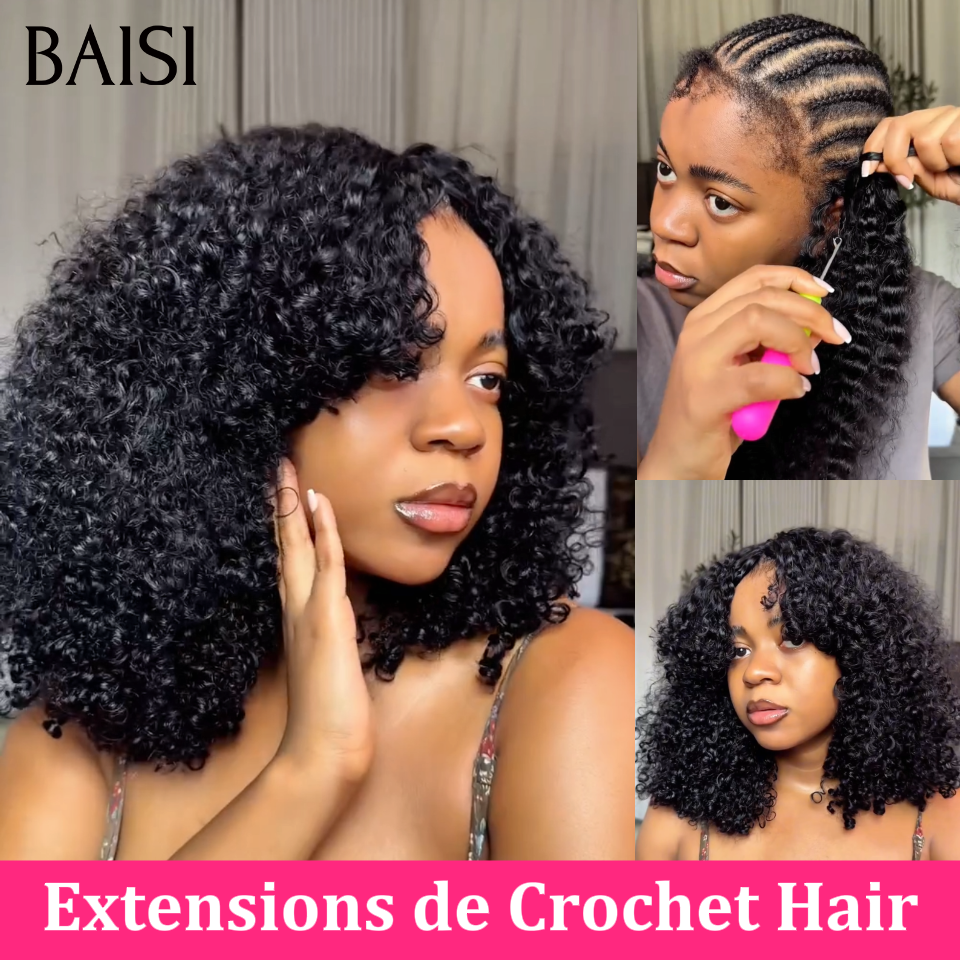 BAISI Extensions Plumes 100% Cheveux Humains Boucle Serée Kinky Curly Noir Pose Etape par Etape en Crochet Pour plus de Volume et de Longueur en 100% Cheveux Humains