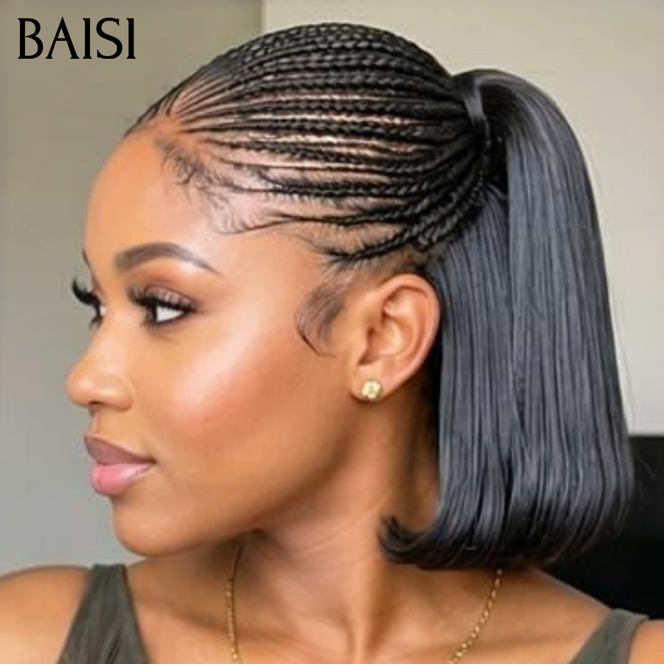 BAISI 13x6 Lace Perruque Coiffée Bob Lisse Mini Nattes Rampantes Devanture Elégantes 8Pouces 109€ En 100% Cheveux Humains