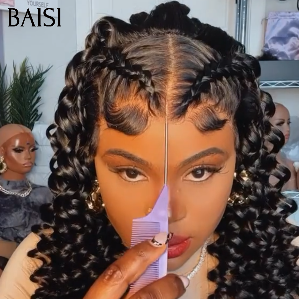 BAISI 13x4 Lace Perruque Coiffée Curly Wave 18pouces 165€ Déjà Natté Prête A Porter Pour les Evènèments en 100% Cheveux Humains