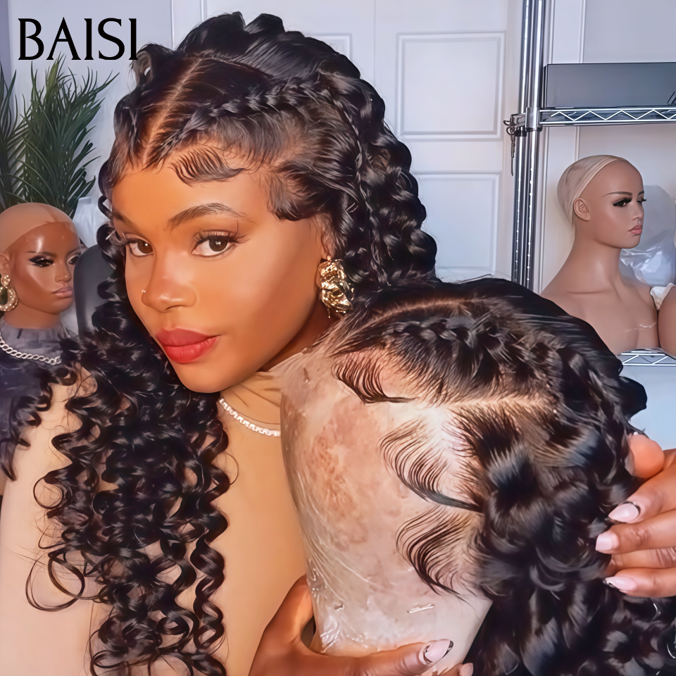 BAISI 13x4 Lace Perruque Coiffée Curly Wave 18pouces 165€ Déjà Natté Prête A Porter Pour les Evènèments en 100% Cheveux Humains