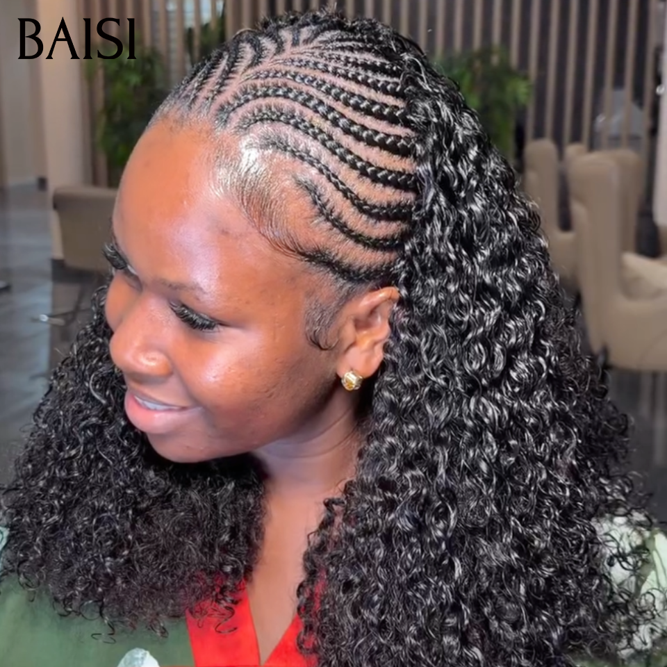 BAISI 13x6 Lace Perruque Coiffée Curly 18Pouces 168€ Couleur Noir 1B# Nattes En Feuille de Paille Contre Chaleur Super Qualité en 100% Cheveux Humais