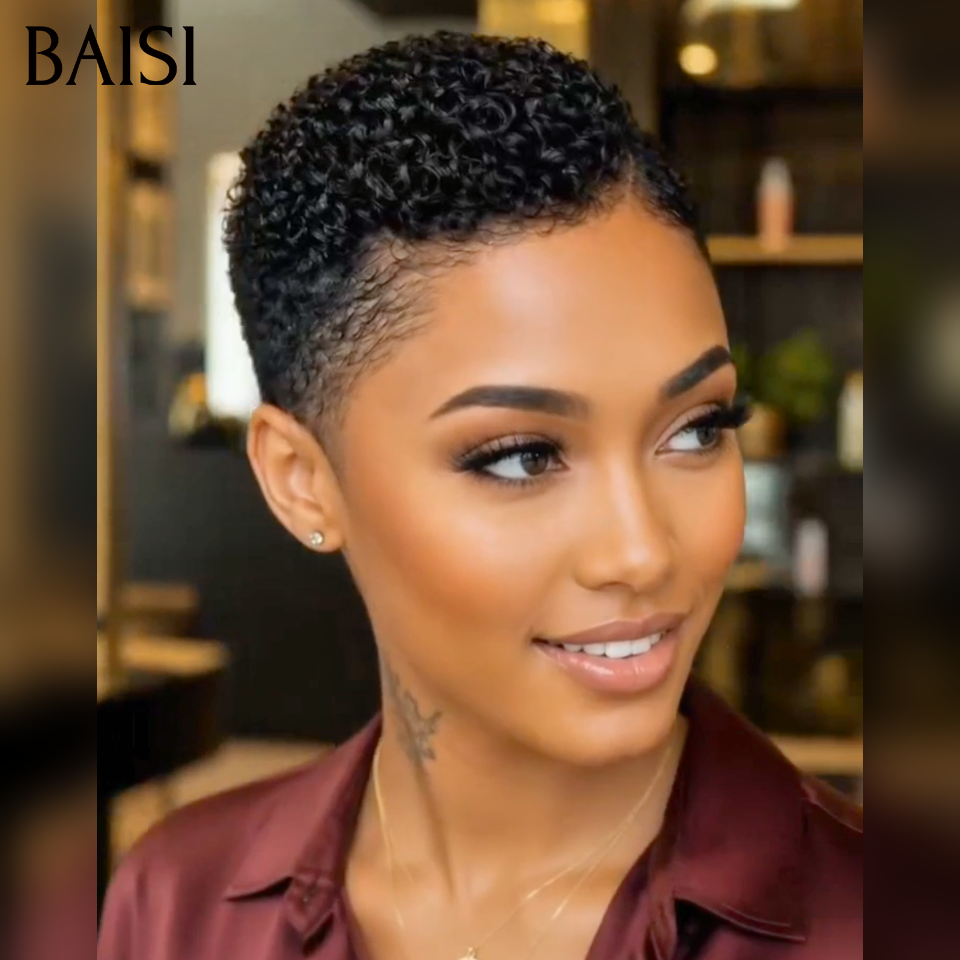 BAISI 13x4 Lace Perruque Pixie Kinky Curly 72€ Couleur Noir 1B# 100% Identique Très Bonne Qualité en 100% Cheveux humains